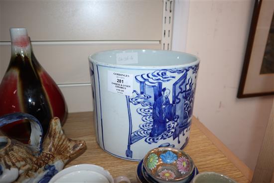 A quantity of Chinese and other porcelain including tea bowls, a bottle vase and a large blue and white brush pot